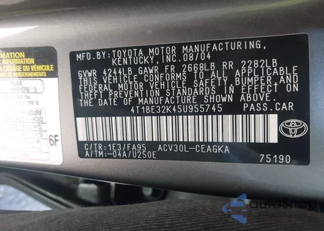 2005 Toyota Camry Xle из США, поврежденный, VIN 4T1BE32K45U955745